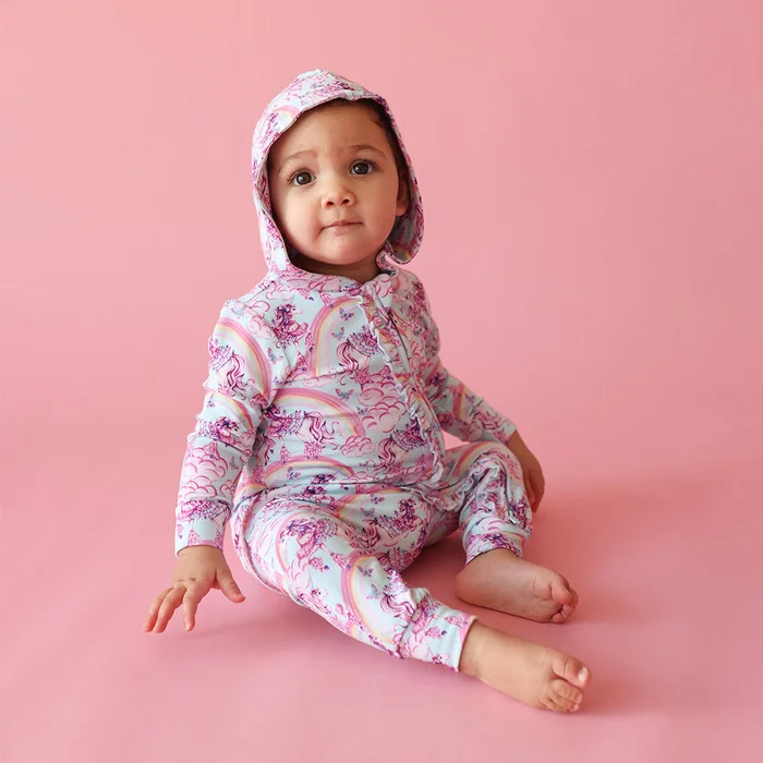 Unicorn Blue Ruffled Hooded Baby Romper | Cosette