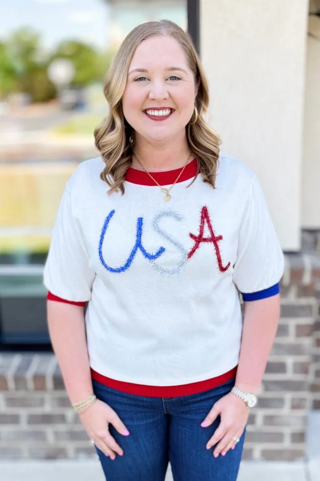 USA SHORT SLEEVE GLITTER SCRIPT SWEATER