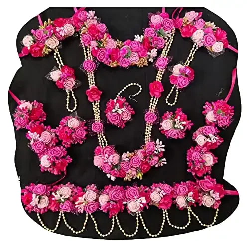 USHA BENTEX Artificial k Flowers Jewellery Set For Haldi Gota Patti Necklace Earrings Bracelet Maang Tika for Women & Girls for Mehandi/Haldi/Wedding Bridal Shower