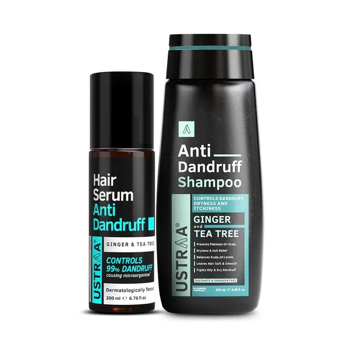 Ustraa Anti Dandruff Kit – Dermatologically Tested- Hair Serum Anti-Dandruff – 200ml Fights Dandruff with Tea Tree & Ginger & Anti-Dandruff Shampoo 250ml – With Climbazole, Ginger & Tea Tree Oil
