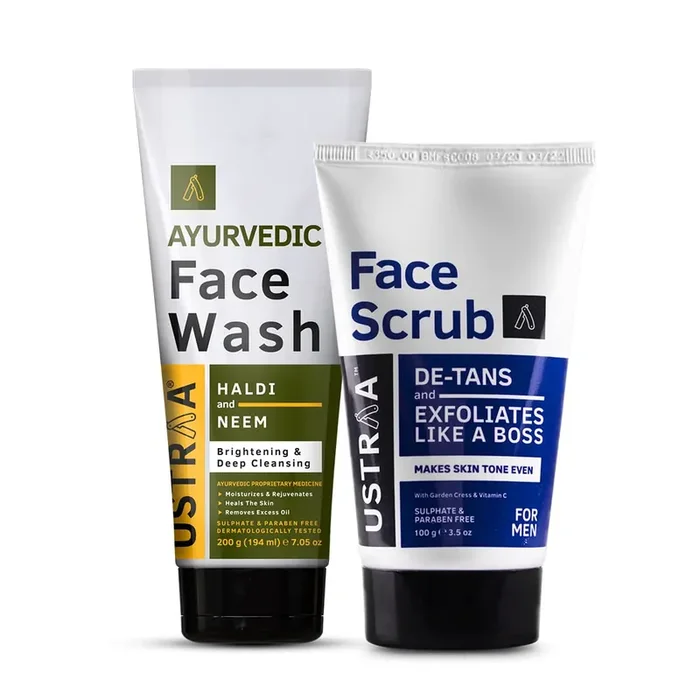 Ustraa Ayurvedic Face Wash Neem & Haldi – 200g Helps Heal Skin Skin Brightening & Deep Cleansing & De-Tan Face Scrub for Men, 100g Exfoliation & Effective Tan Removal No Sulphates