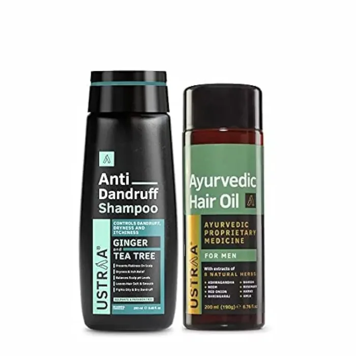 Ustraa Ayurvedic Hair Oil 200ml – with 8 Natural Herb extracts, With Red Onion,Bhringaraj, Amla & Neem & Anti-Dandruff Shampoo 250ml – With Climbazole, Ginger & Tea Tree Oil, Controls Dandruff