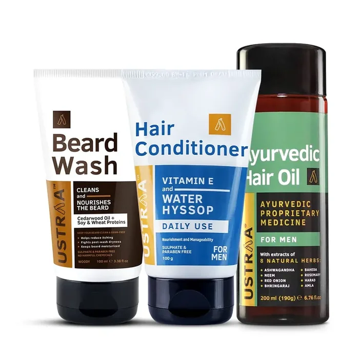 Ustraa Beard Wash Woody – 100 ml – Sulphate-free, No Post-wash Dryness Daily Use Hair Conditioner – 100gm – with Water Hyssop (Brahmi) & Ayurvedic Hair Oil – 200ml – with 8 Natural Herb extracts