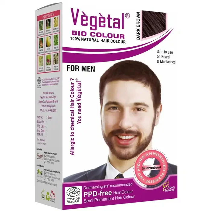 Vegetal Bio Colour -25g Each Experience Natural Dark Brown Beard Hair Color for Men Ammonia-Free, PPD-Free, 100% Organic, and Herbal Safe and Effective Beard Dye Complete Kit Included
