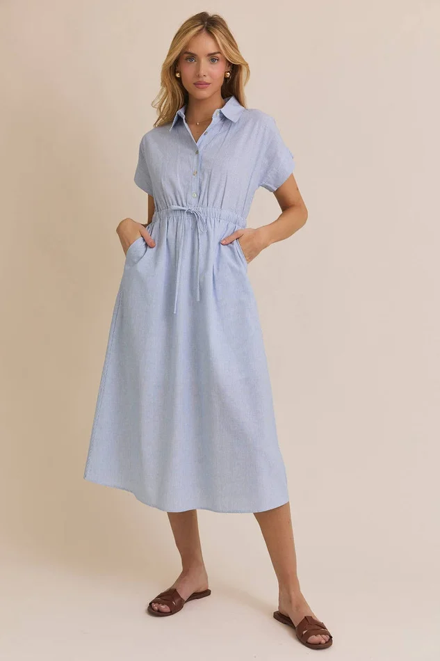 WAIST TIE STRIPE MIDI DRESS