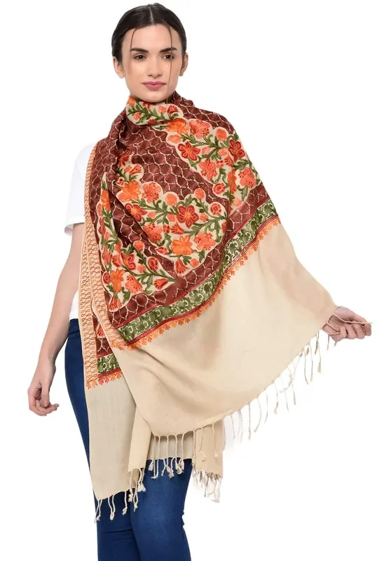 Weavers Villa Women‘s Kashmiri Aari Embroided Cashmilon Stoles Shawls Wraps BEIGE 30â x 80â-SH-112-BEIGE