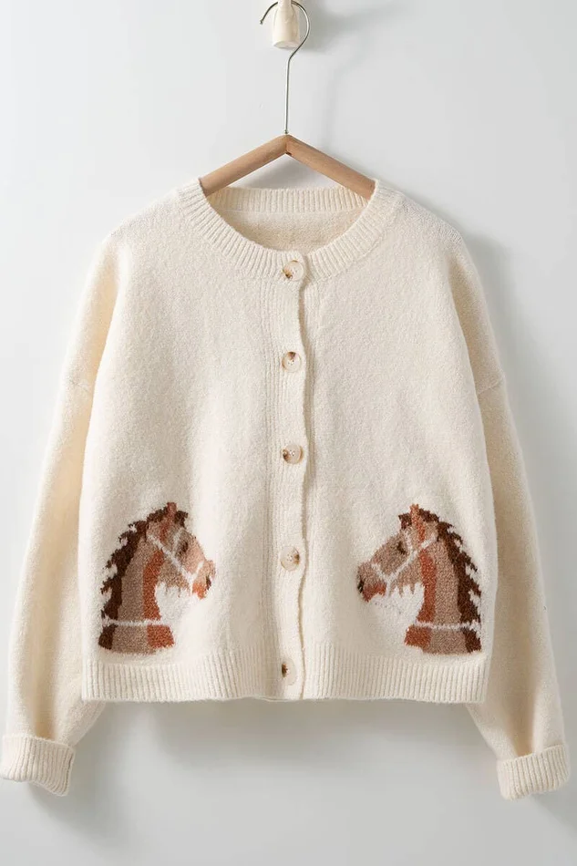 Western Horse Graphic Button Front Cropped Cardigan Sweater