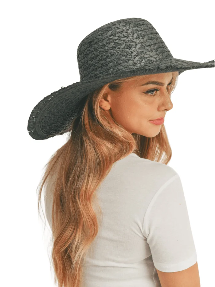 Wide Frayed Edge Straw Hat – Black