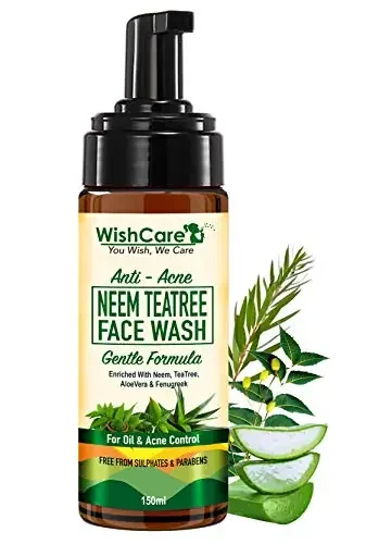 WishCare Anti Acne Neem TeaTree Foamin Face Wash with Neem Whole Leaves AloeVera & TeaTree – For Oily Skin and Acne Face Wash- Sulphate & Paraben Free – 150ml