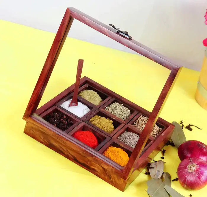 WOOD CRAFTS OF RAJASTHAN Masala Box for Kitchen Wooden Spice box 9 Containers With Spoon Spice Box Container for Kitchen Decor Masala Dabba NamakDani Multipurpose Decorative Box (Pack Of 1)