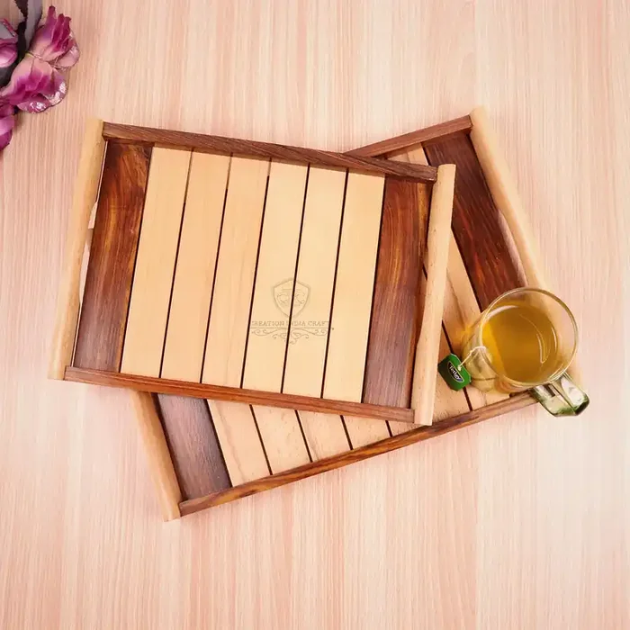 WOOD CRAFTS OF RAJASTHAN Multipurpose Wooden Serving Tray Kitchen Organizer Breakfast Dinner Trays for Dining Table Fruit Serving Tray Guest Restaurant Home Decoration & Kitchen Set of 2