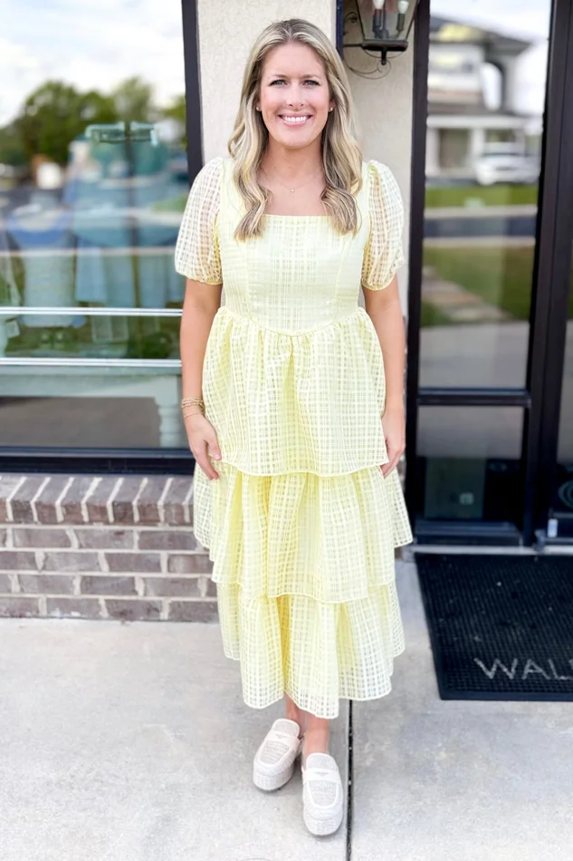 YELLOW PLAID CHIFFON TIERED MAXI DRESS