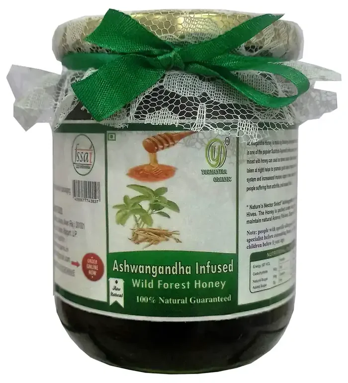 Yugmantra Organic Foods -100 % Pure Raw Natural Unprocessed Ashwagandha Infused Forest Honey 650 GMS !! Immunity Booster !! in Glass Bottles (Ashwagandha 650 GMS)